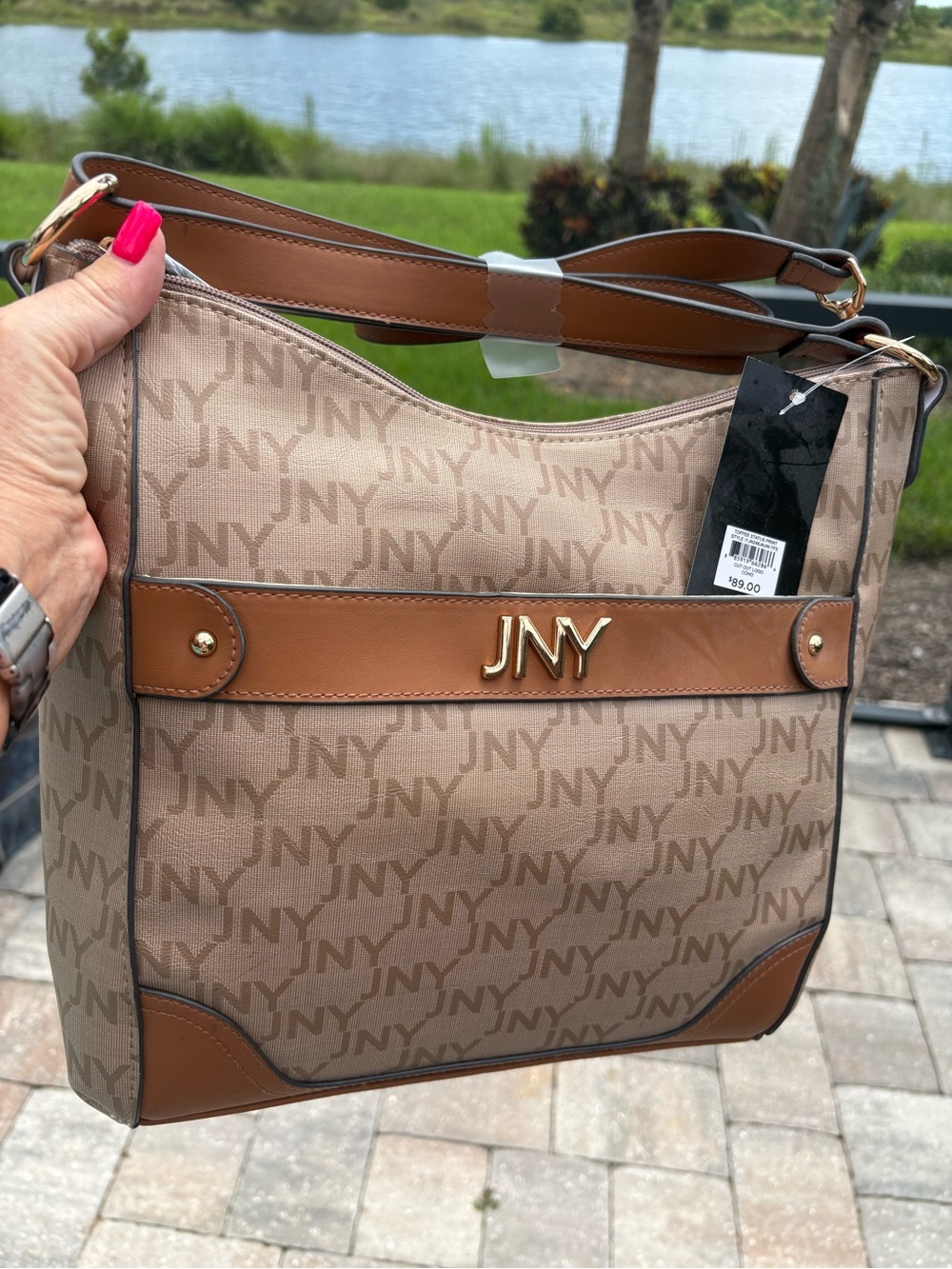 Jones New York Taupe and Tan Patterned Shoulder Bag - Picture 2 of 6